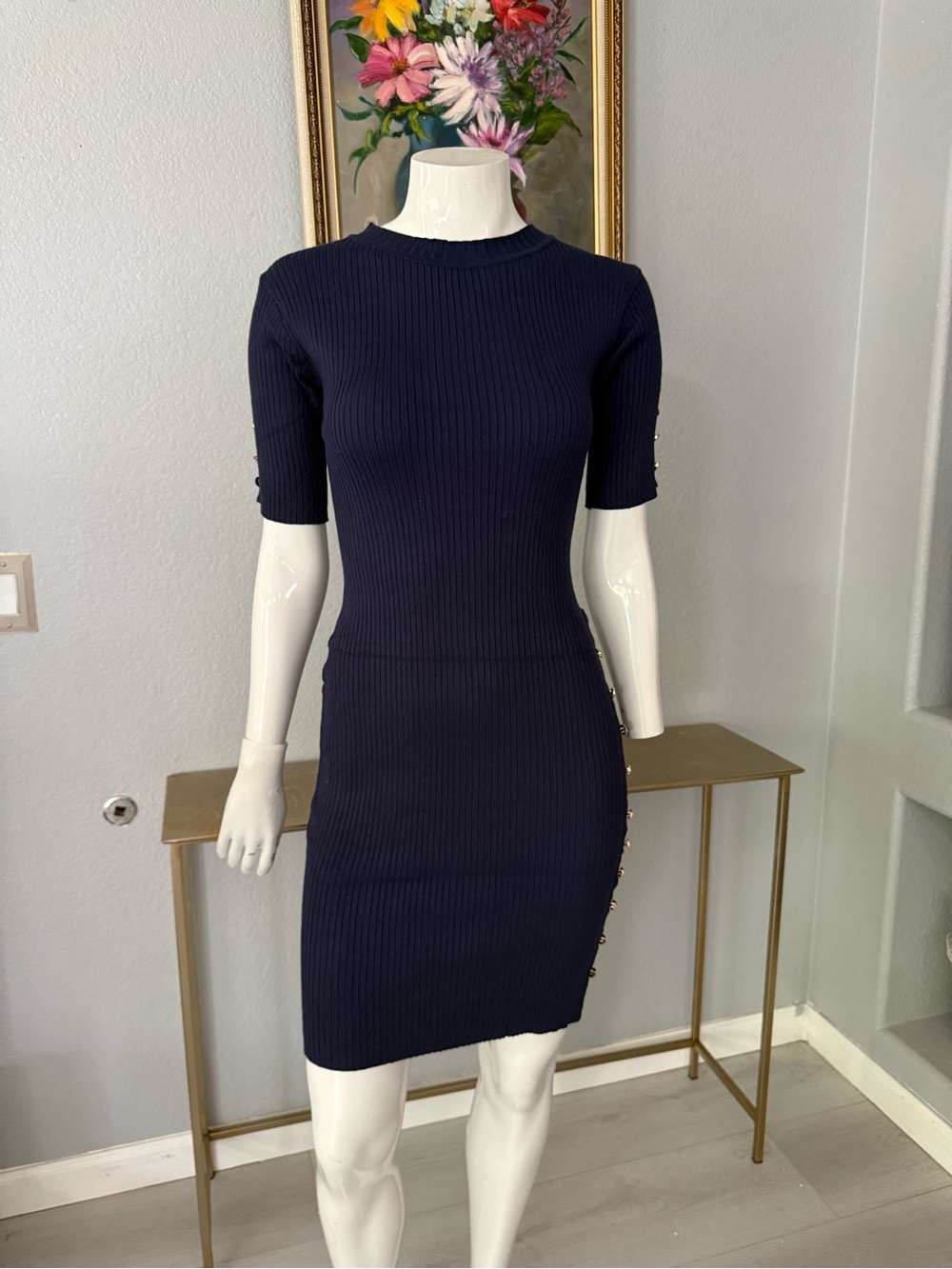Slim Ribbed Navy Sheath Dress